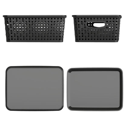 Parlynies Plastic Weave Baskets with Lid, Set of 6 Small Pantry Storage Basket, Black