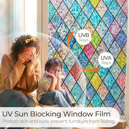 Beautysaid Rainbow Privacy Window Film: Stained Glass, No-Glue Frosted Window Film, Static Cling Film (Multicolor, 90x400cm