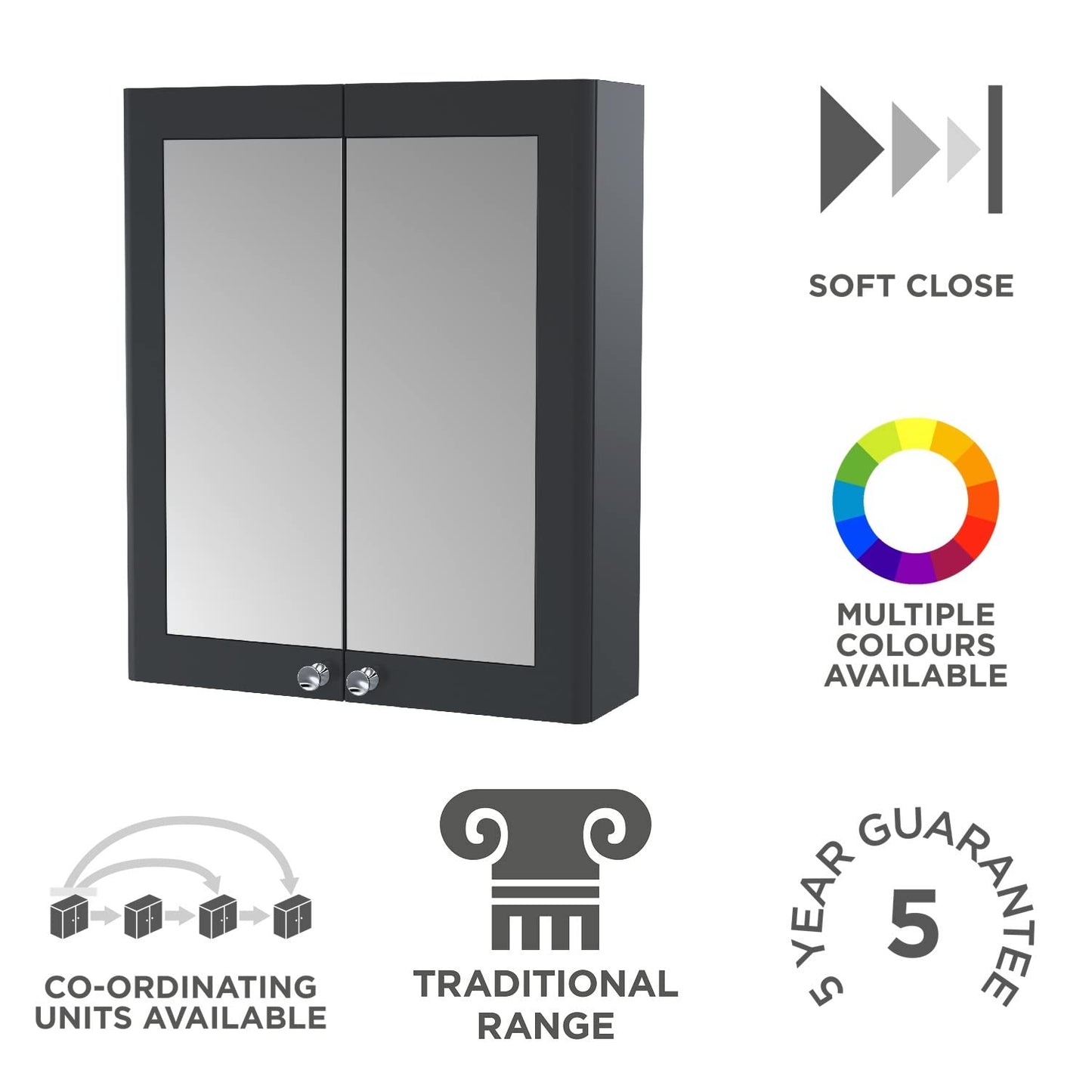 nuie CLA1417 Classique Traditional Bathroom Wall Hung 2 Door Mirror Cabinet, 600mm, Soft Black