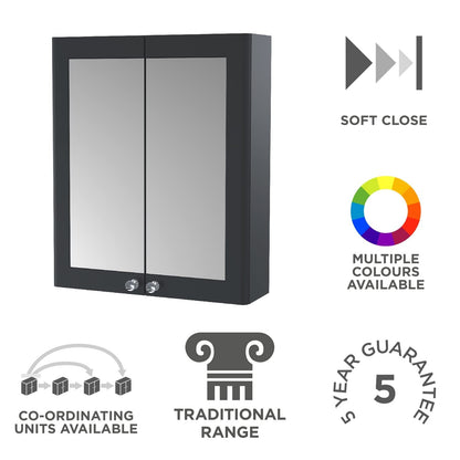 nuie CLA1417 Classique Traditional Bathroom Wall Hung 2 Door Mirror Cabinet, 600mm, Soft Black