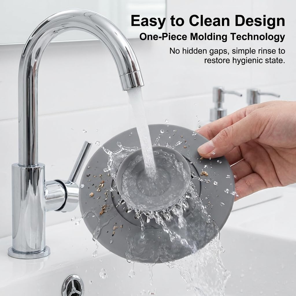 CleaZeny 2-Pack Silicone Press-Type Universal Bath Plug, 10.8cm Grey