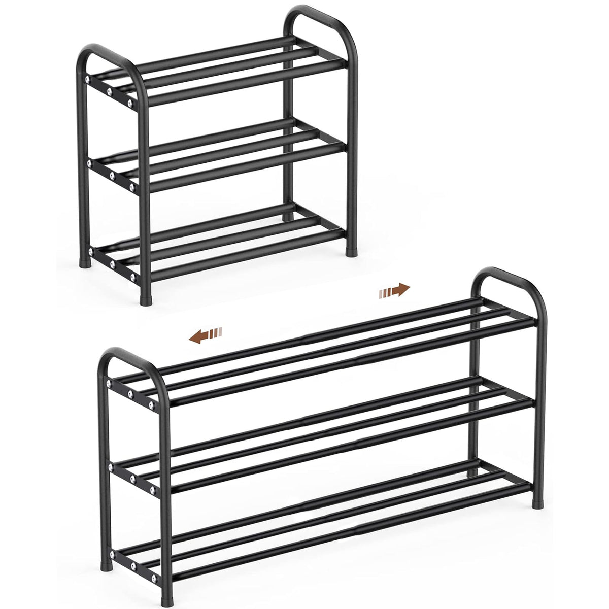 Expandable Shoe Rack, 3 Tier Adjustable Shoe Organizer Shelf for Closet,Slim Narrow Black Metal Free Standing Shoe Rack Storage for Small Space