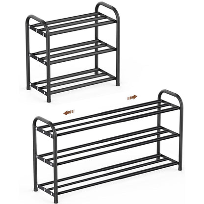 Expandable Shoe Rack, 3 Tier Adjustable Shoe Organizer Shelf for Closet,Slim Narrow Black Metal Free Standing Shoe Rack Storage for Small Space