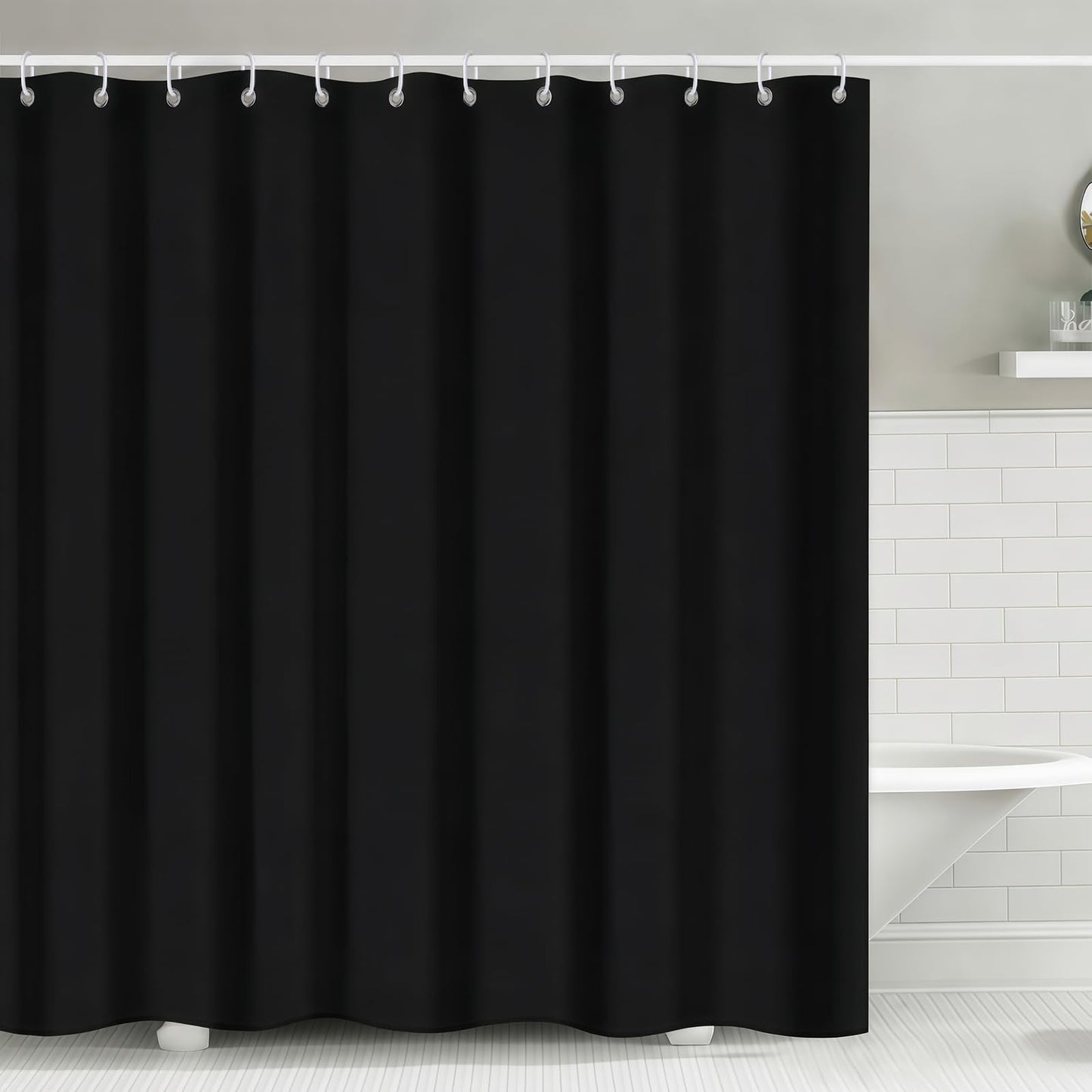 FAVORTALK Black Shower Curtains Waterproof Polyester Fabric Shower Curtain Mould Proof Mildew Resistant 180x180cm Solid Bathroom Curtain Set with 12