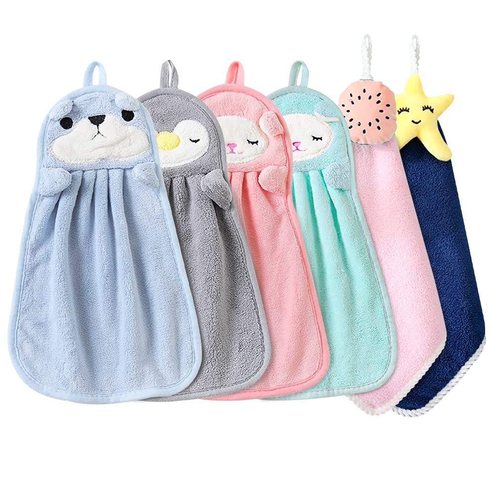 BOJVESH 6Pcs Cute Animals Hand Towels Set for Kitchen, Absorbent Soft Coral Velvet Hand Dry Towel with Hanging Loop, Microfibre Quick Dry Hanging Face