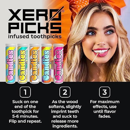 Xero Picks Candies - Infused Flavored Toothpicks (Candies Variety,5 Pack - 100 Picks) Bubblegum, Pina Colada, Orange Creamsicle, Cotton Candy, Snow Cone and Candy Cane