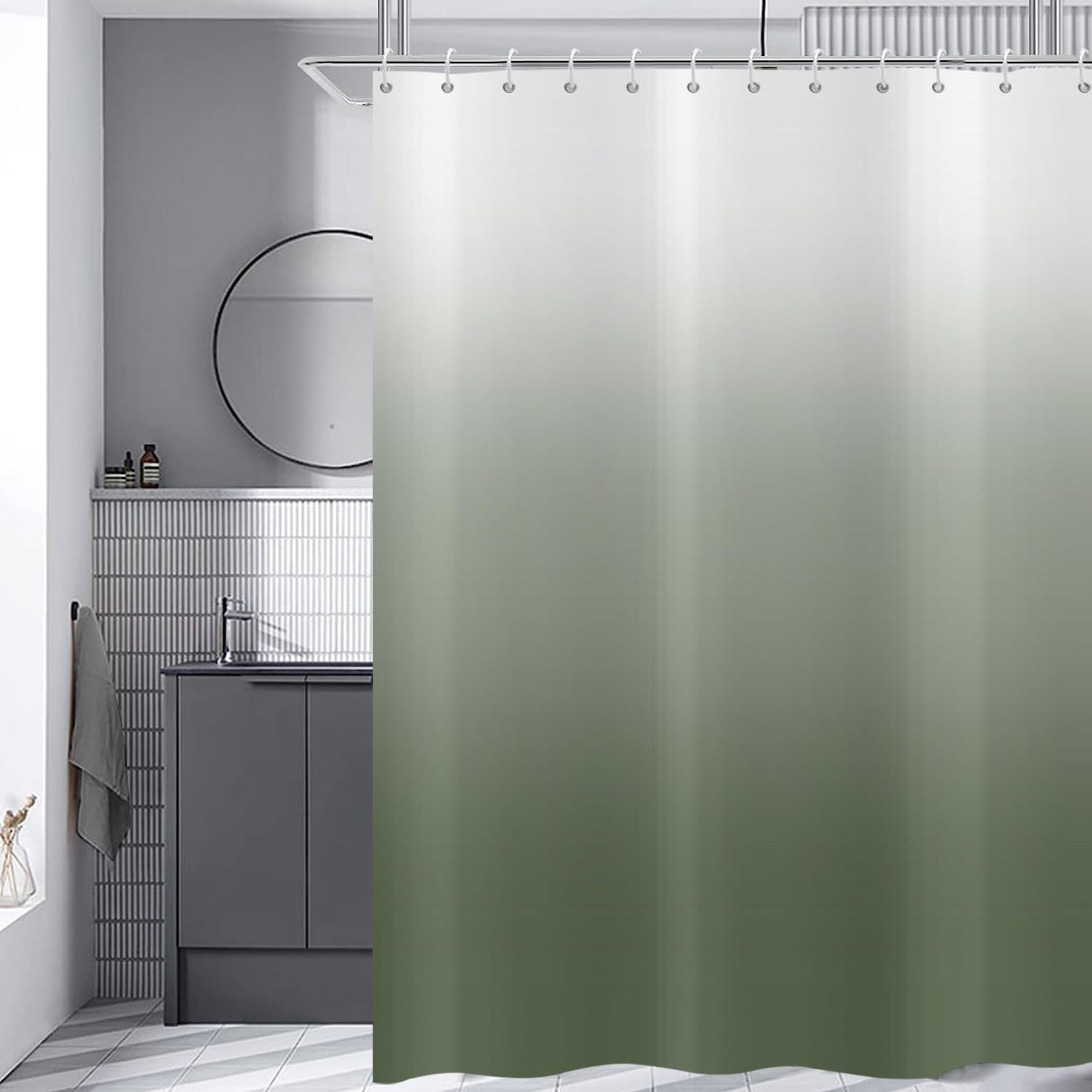 Hnmdmyi Sage Green Shower Curtain 180x200, Green and White Ombre Shower Curtains Elegant Modern Luxury Bathroom Curtains with Hooks Waterproof