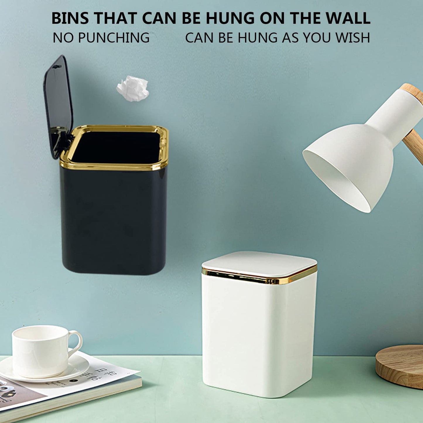 Mini Desktop Bin with Lid 2L,Trash Can,Waste Table Bin for Bedroom,Bathroom,Living Room,Dressing Table,Kitchen,ABS,Light Luxury (Black)