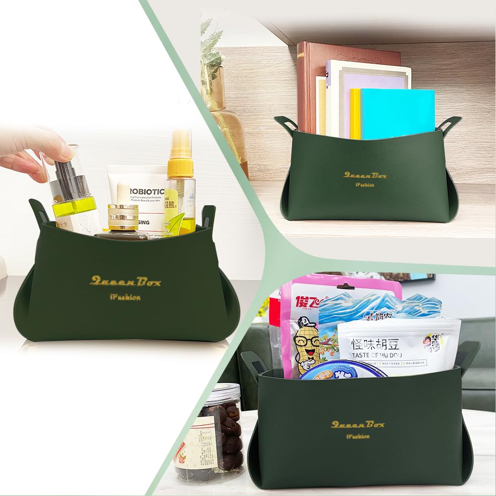 BEAMARKER Foldable Storage Basket Bin PU Leather Desktop Organizer Box Green Small Catchall Basket Rectangle Tray Double Handles for Entryway Bedside