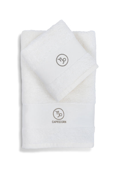 zer0bed Zodiac Zodiac Bath Towel Set, Set of 2, Face Towel, Guest Towel-Bidet, 100% Cotton, Plain with Embroidery, Capricorn