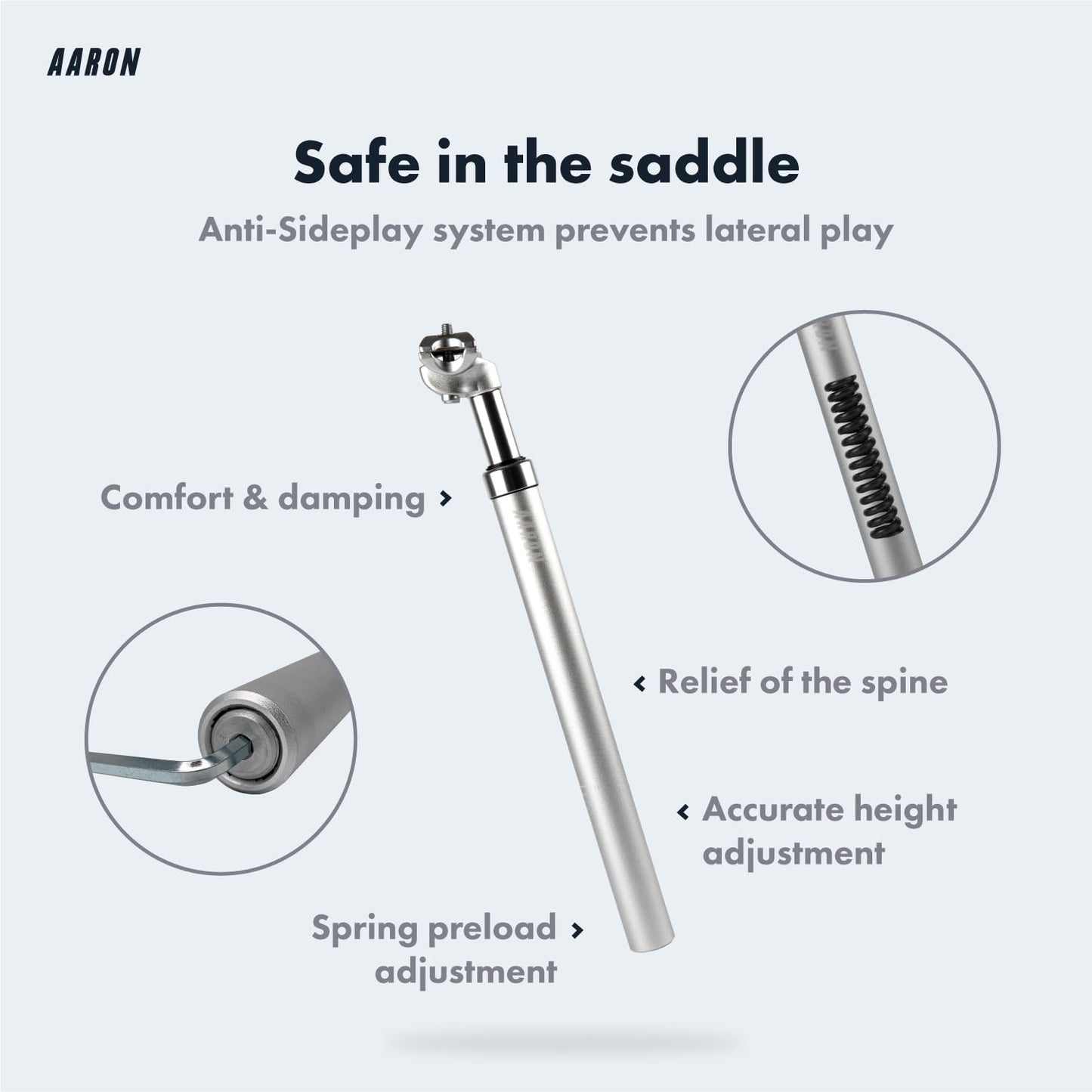 AARON - Spring suspension seatpost - Aluminum - For E-bikes, MTB, Trekking Bikes, City Bikes - 27.2mm Diameter, 13.8" (350mm) Length - silver