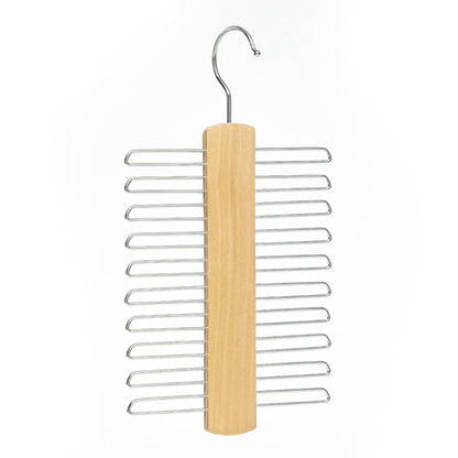 Tie Hanger Wooden Hangers Wardrobe Tie Organiser - Stylish Hanging Storage Rack With 20 Chrome Bars With Swivel Hook for Tie, Belt