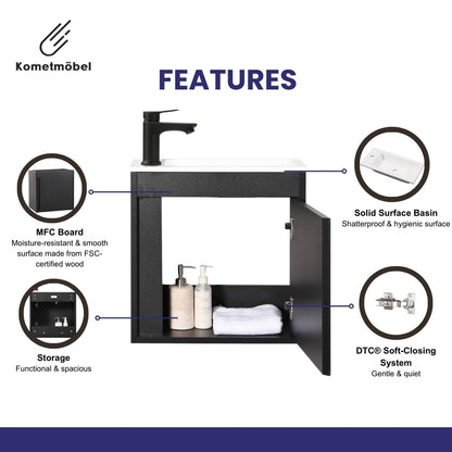 Kometmöbel Cloakroom Vanity Unit With Wash Basin Bathroom Vanity 50cm Wall Hung (Black Without Tap, 500mm)