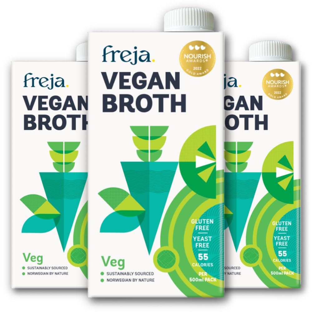Freja Gourmet Vegan Broth | Plant Based Premium Vegetable Broth | Clear Liquid Bouillon, not from Vegetable Stock Cubes, Powder or Concentrate | Low