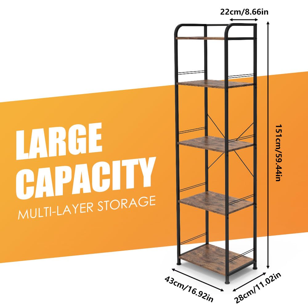 Forthcan 5-Tier Bookshelf, Bookcase, Shelving Unit, Floor Standing Book Shelf, Wooden Shelf and Metal Frame Book Rack