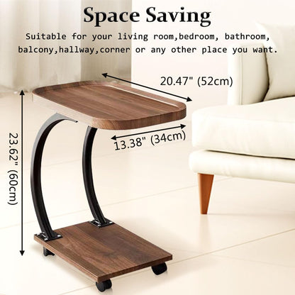 Kiss Me C-Shaped Side Table, Bedside End Table with 4 Wheels, Brown