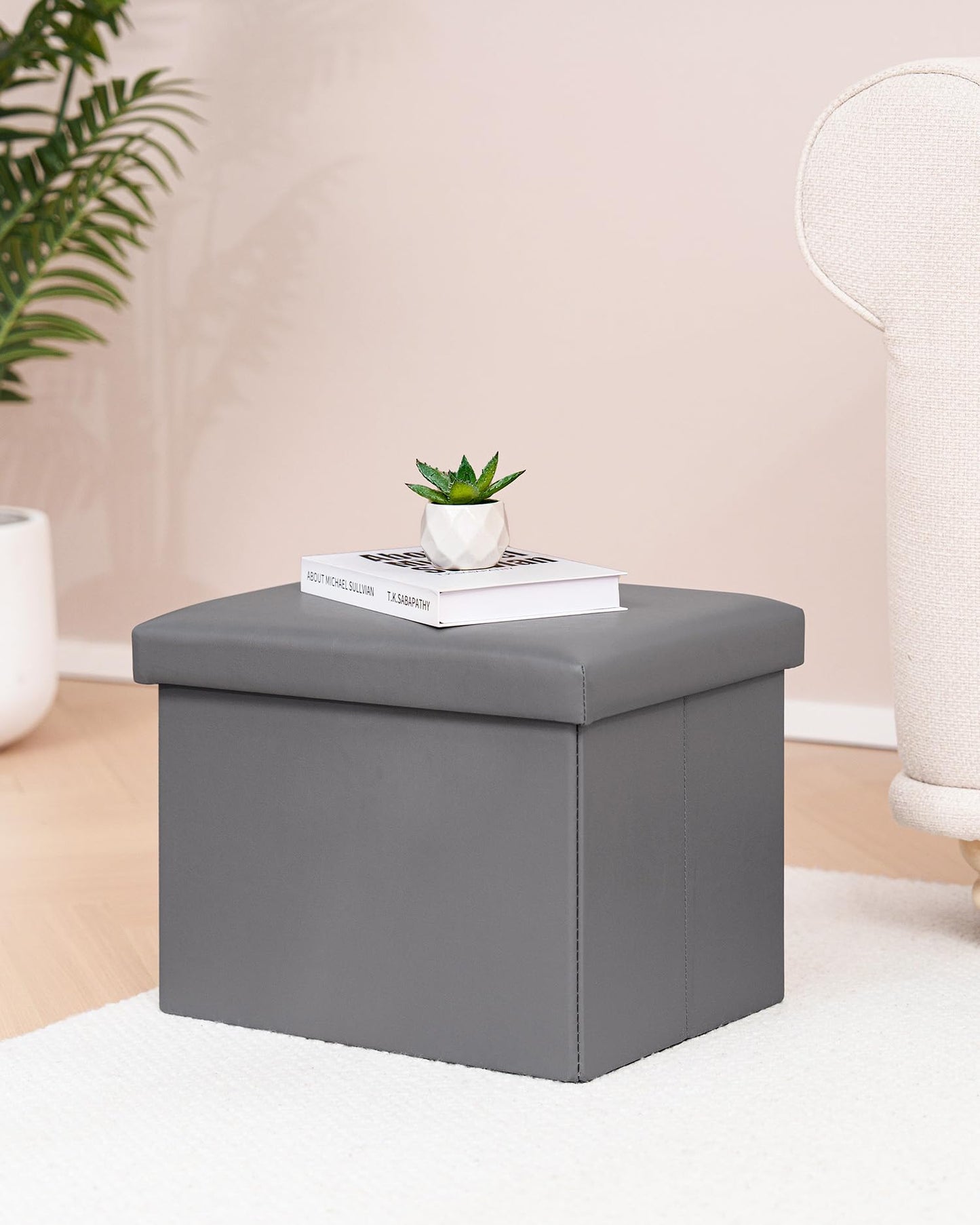 Bonlife Synthetic Leather Ottoman Storage Box, Foldable Toy Chest, Kids Footstool with Storage, Multi-Use Footrest for Living Room & Bedroom, Grey