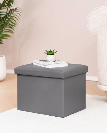 Bonlife Synthetic Leather Ottoman Storage Box, Foldable Toy Chest, Kids Footstool with Storage, Multi-Use Footrest for Living Room & Bedroom, Grey