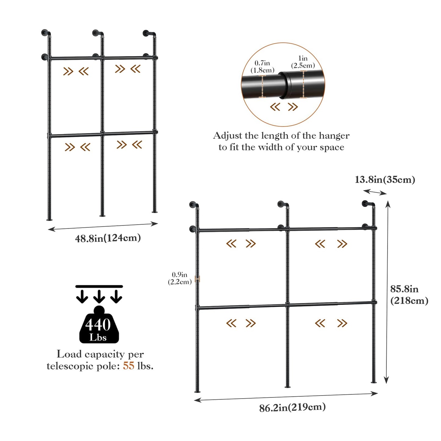 KZOBYD Extendable Wall Mounted Clothes Rails, Width 124 cm to 219 cm, Black