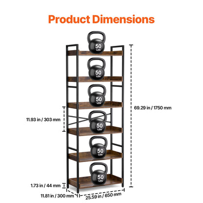 VEVOR Metal Bookshelf, 6-Tier Industrial Bookshelf, Tall Wide Rustic Vintage Storage Bookcase with Open Shelves