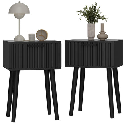 YMYNY Fluted Nightstand Set of 2, Small End Table, Modern Coffee Table with Drawer, Solid Wood Legs, Retaining Chain, 35x27x53cm
