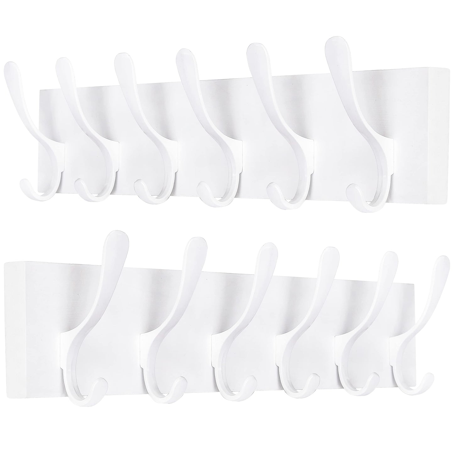 SKOLOO Coat Rack Wall Mount - Wooden White Wall Coat Hook, Pack of 2, Wall Coat Hanger Rack with 6 Hooks for Hanging Coats, Hats, Clothing, Scarfs,