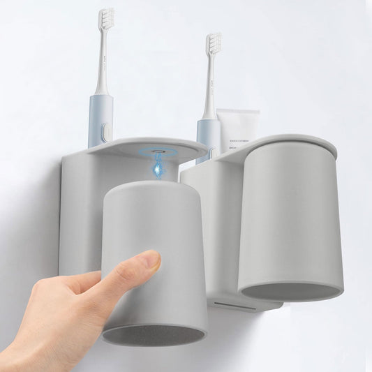 2 Pack Magnetic Toothbrush Cup Unbreakable Reusable Drinking Cups Set of 2 Colors, Plastic Bathroom Tumbler 280ml, Dishwasher Safe (2 Grey Set)