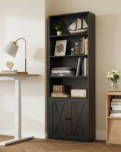 IRONCK Bookcase 6-Tier, Bookshelf with Doors, 180cm Tall Living Room Bookcases, Display Shelf Storage, Freestanding Book Shelf Unit for Home Office