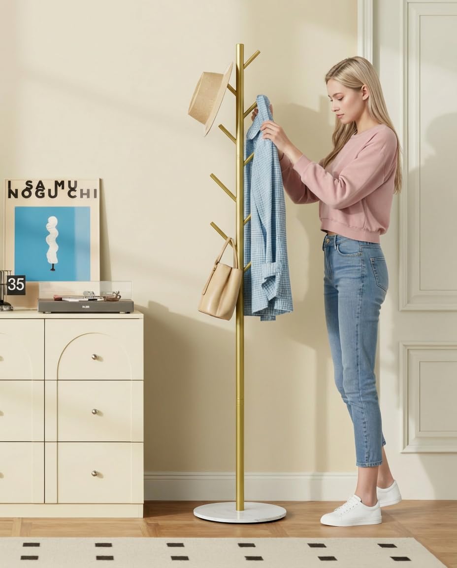 Tujurich Coat Rack with 8 Hooks, 3 Adjustable Heights, Modern Hall Tree, Sturdy Metal Coat Stand with Sintered Stone Base, for Hallway