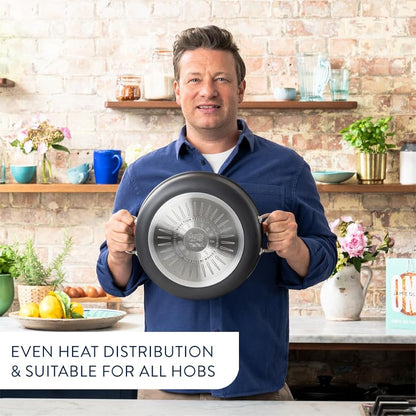 Tefal Jamie Oliver Cook’s Classics Frying Pan, 28cm, Non-Stick, Oven-Safe, Induction, Riveted Handle, Hard Anodised Aluminium, H9120644, Black