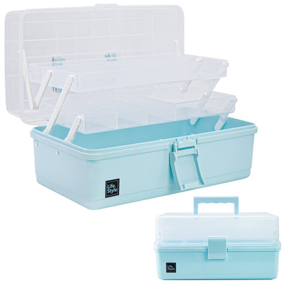 Creahaus 13" Multipurpose Storage Box with Compartments, Craft & Sewing Box with 2 Trays (Blue)