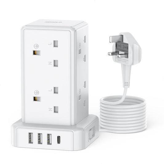Tower Extension Lead with 8 Way Multi Plug Extension Tower & 4 USB Ports (13A 3250W),Mini Power Strip with Switch, 2M Extension Cable Surge Protection