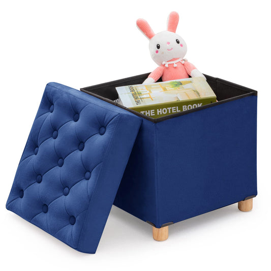 BRIAN & DANY Folding Storage Ottoman with Wood Legs, Velvet Footstools Cube for Living Room and Bedroom, 40x 40x 40 cm, Blue