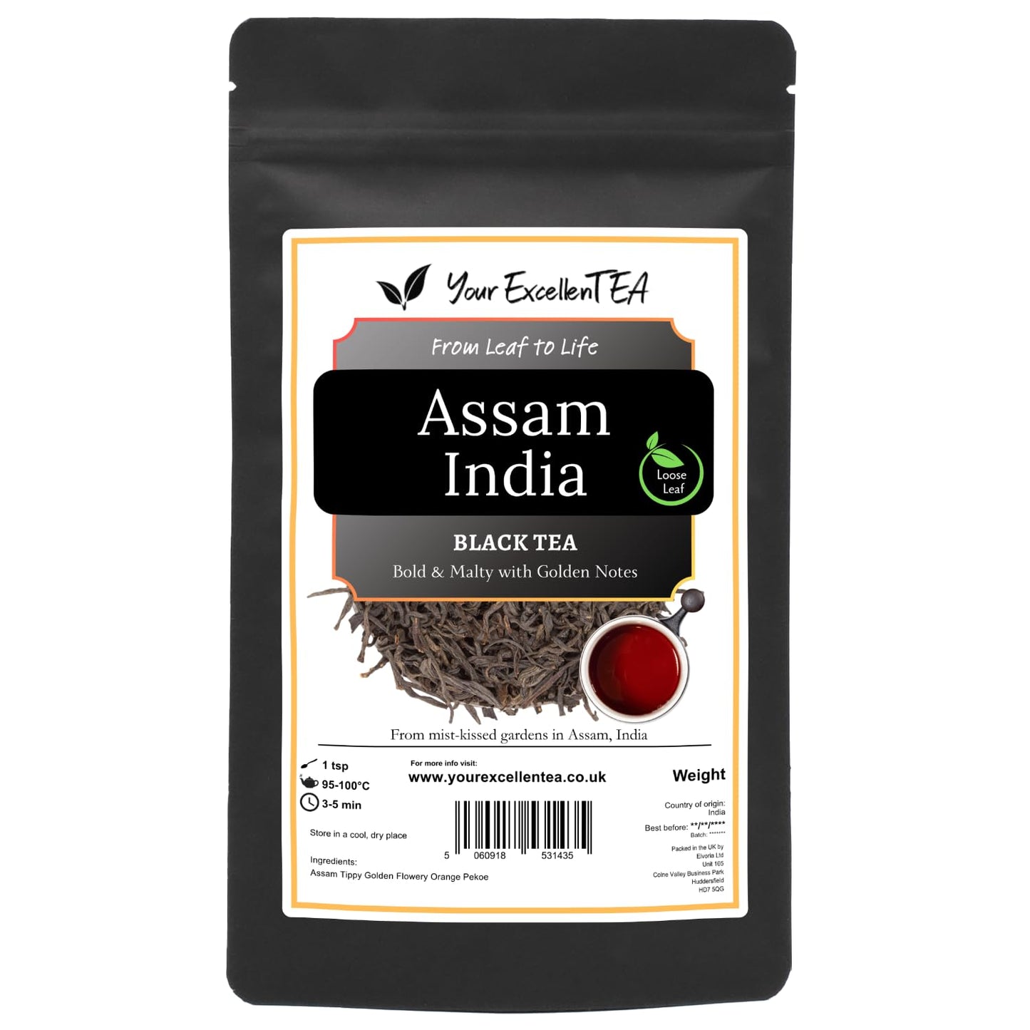 Assam India Tea Loose Leaf Black Tea (500g) Tippy Golden Flowery Orange Pekoe Pure Natural Dried Leaves Full-Bodied Aromatic Perfect for a Morning