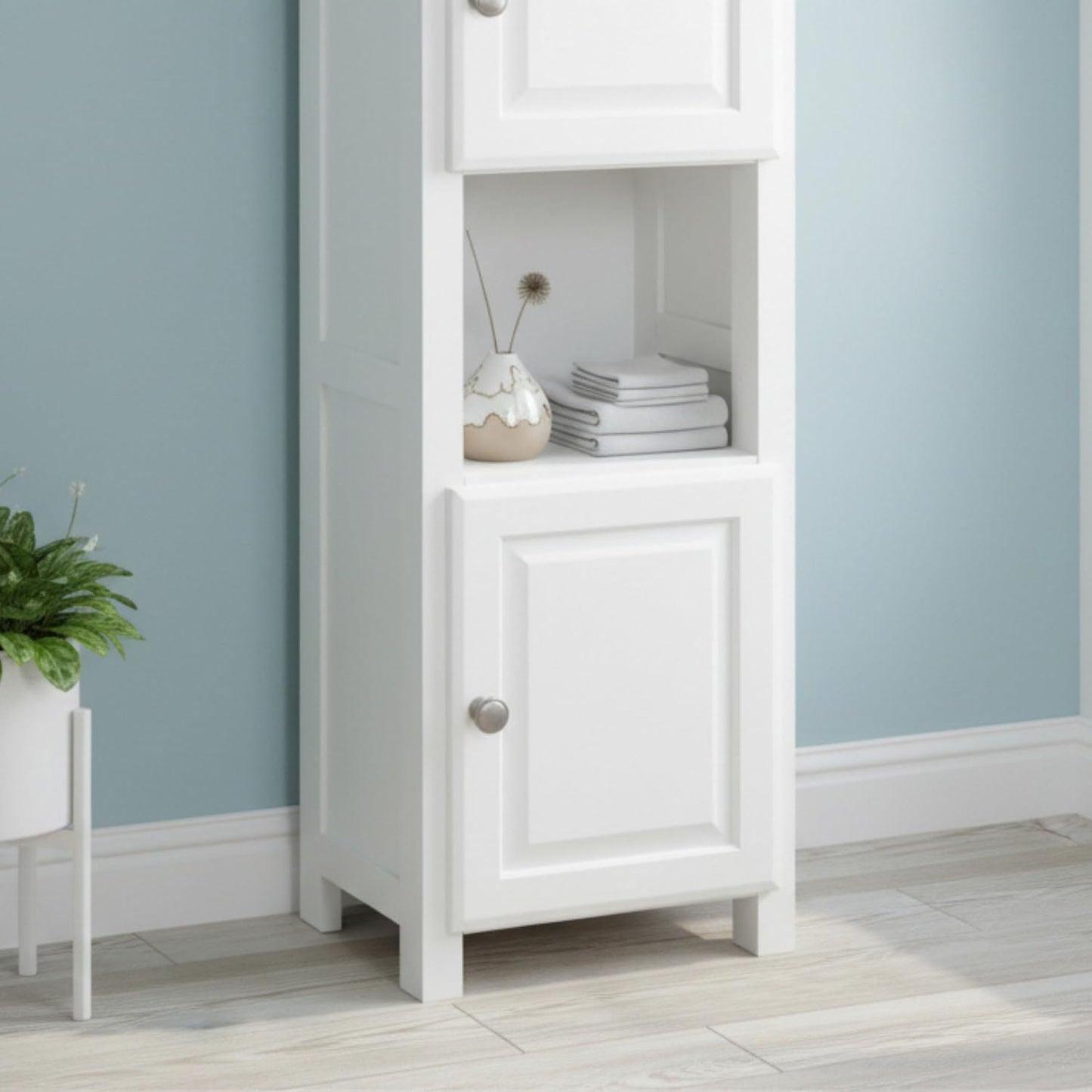 GROF GROFurniture Tall White Slim Cabinet Hallway Storage or Livingroom Unit, Corner Display Unit with Shelf