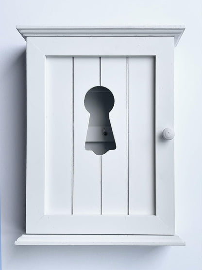 GreyZouq Wooden Key Cabinet Wall Mounted, Keyhole Window Design, Key Holder for Wall with 6 Hooks, Decorative Key Organiser, Magnetic Door Closure