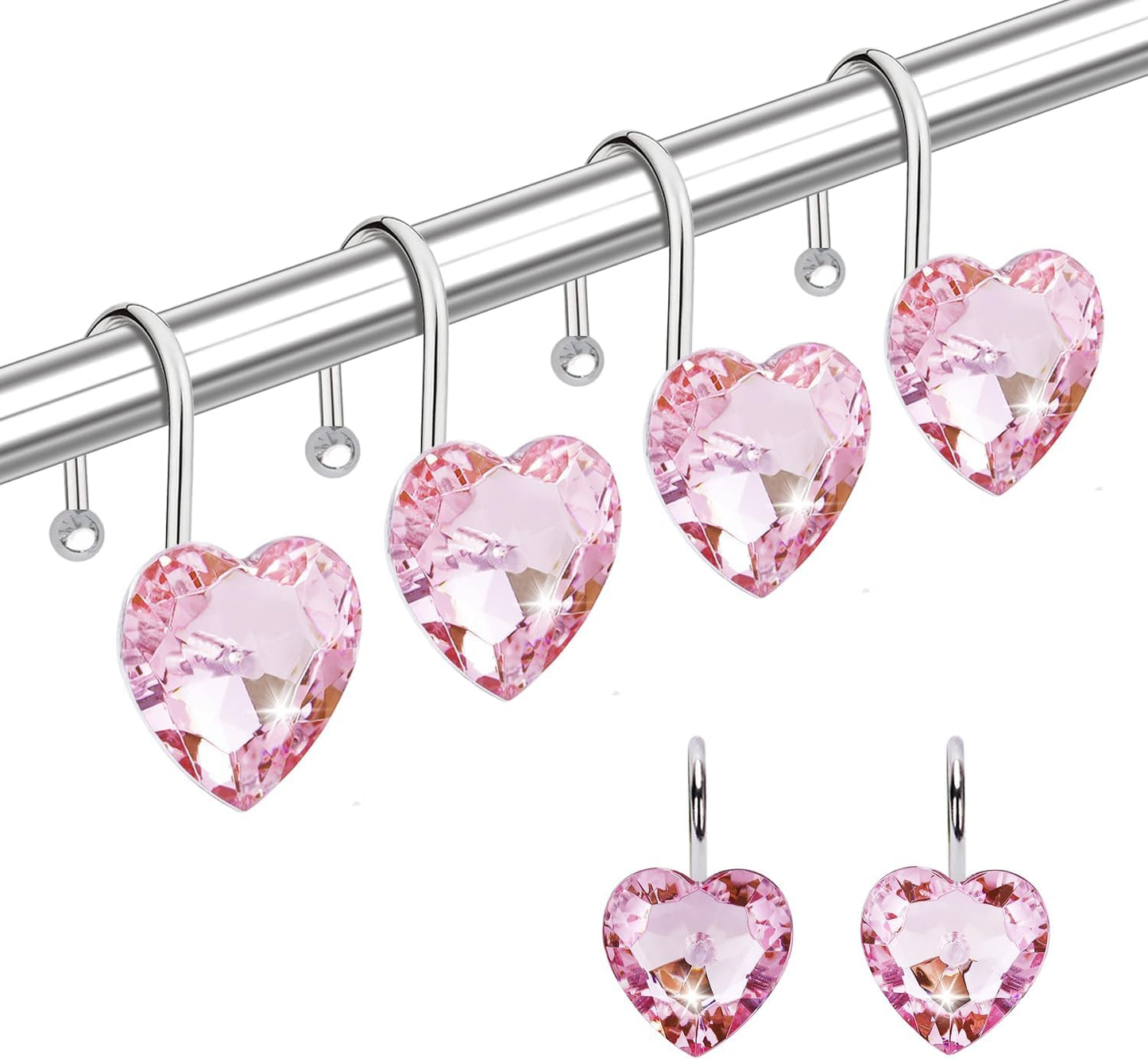 12PCS Shower Curtain Hooks, Heart Shaped Rhinestone Rings, Stainless Steel Rust Resistant Bathroom Decor Hangers for Curtains Bathroom Home Decor