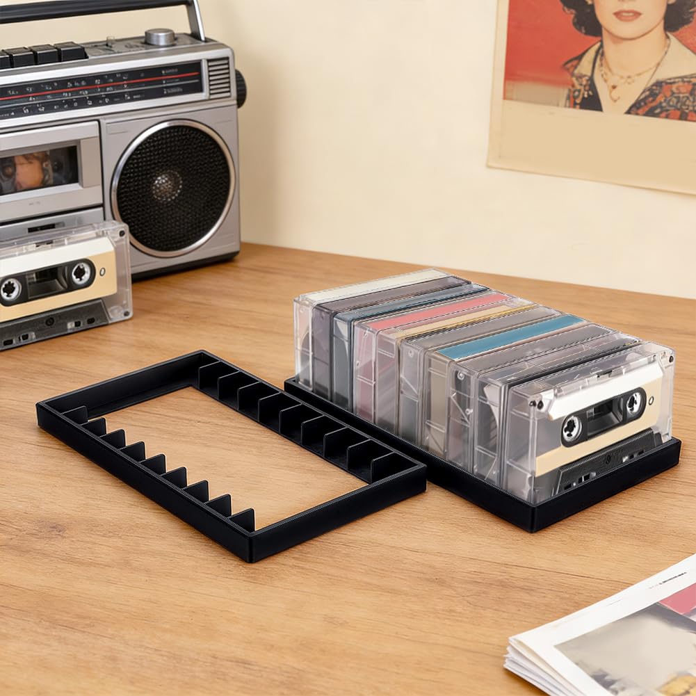 PH PandaHall 2pcs x 10 Slots Cassette Tape Storage Organizer Rack Black Tape Organizer Rack Plastic Audio Cassette Tapes Holder for Home Office
