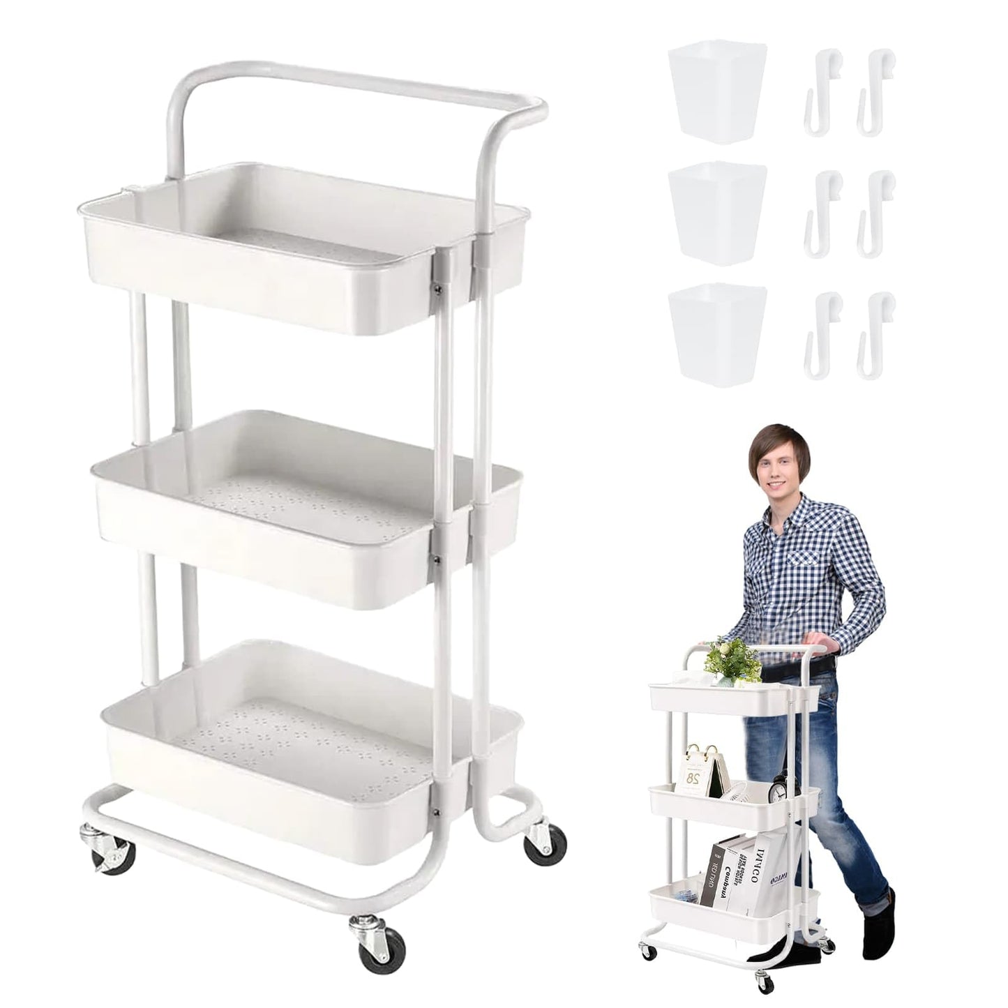 3 Tier Trolley Rolling Utility Storage Car with Wheels&Hanging Cups&Hooks