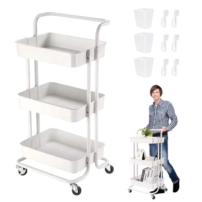 3 Tier Trolley Rolling Utility Storage Car with Wheels&Hanging Cups&Hooks