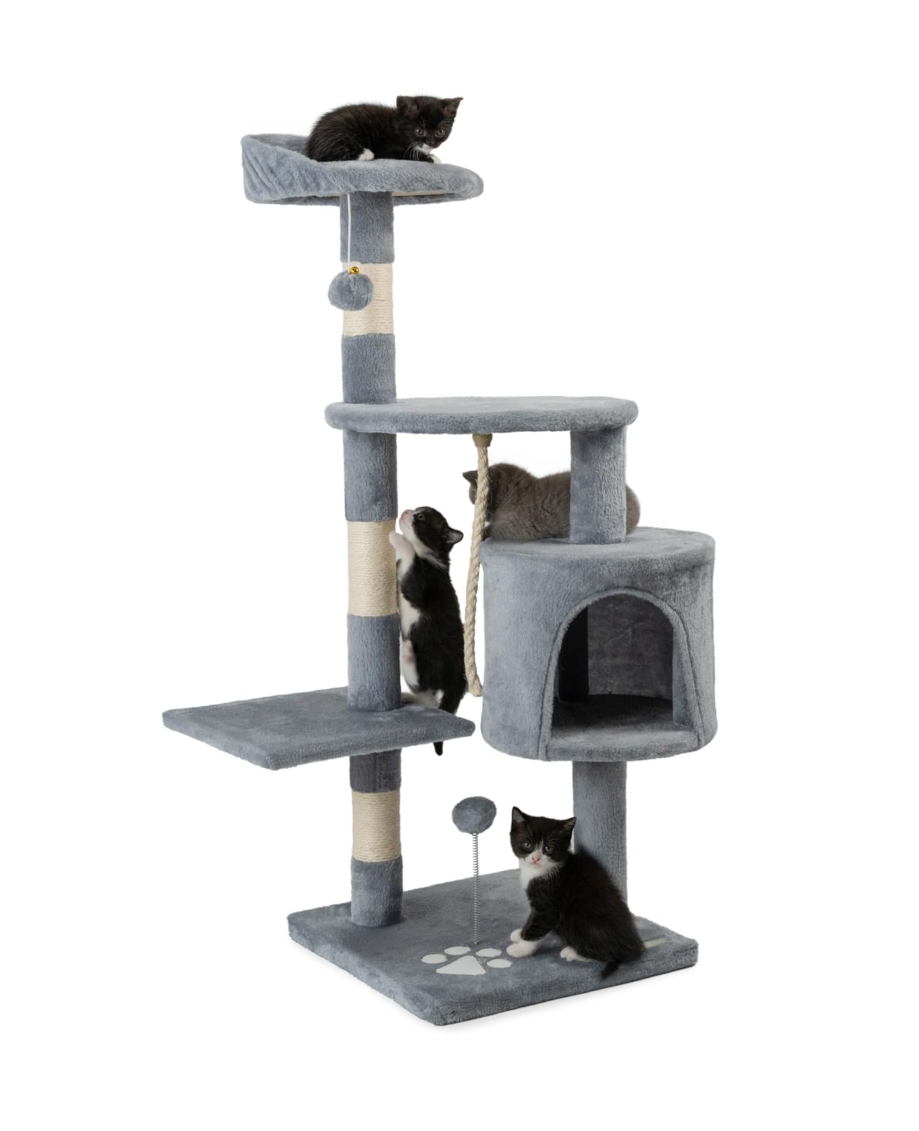 lionto Scratching tree for cats with 2 plush balls & play rope, height 112 cm, cat tree with sisal rope & plush, cozy lying area & cave, incl. wall