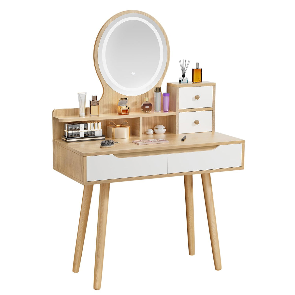 Dressing Table with Round Mirror and Lights, 80cm Small Vanity Desk