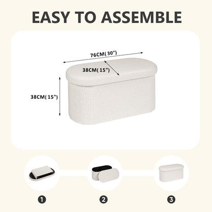 PINPLUS Oval Storage Bench Folding Ottoman Boucle Cream White, 76x38x38 cm