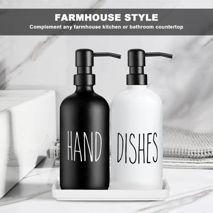 Glass Soap Dispenser Set: Modern Kitchen Sink Soap Dispenser Set of 2 with Ceramic Tray 500ML/17oz Bathroom Hand Wash Bottles,for Liquid Hand Soap