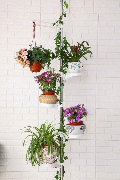 BAOYOUNI 5-Tier Indoor Plant Stand Flower Pot Display Holder Rack Tension Pole Stainless Steel Rod Decorative Storage Shelf, Ivory