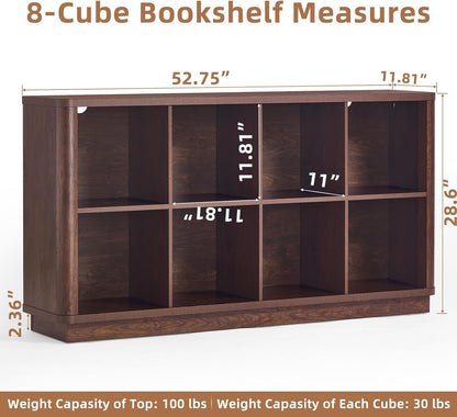 LELELINKY 8 Cube Storage Bookcase, 53" Wide Wooden Book Shelf with Thickened Base, Freestanding 2-Tier Open Book Case Unit with Curved Edge