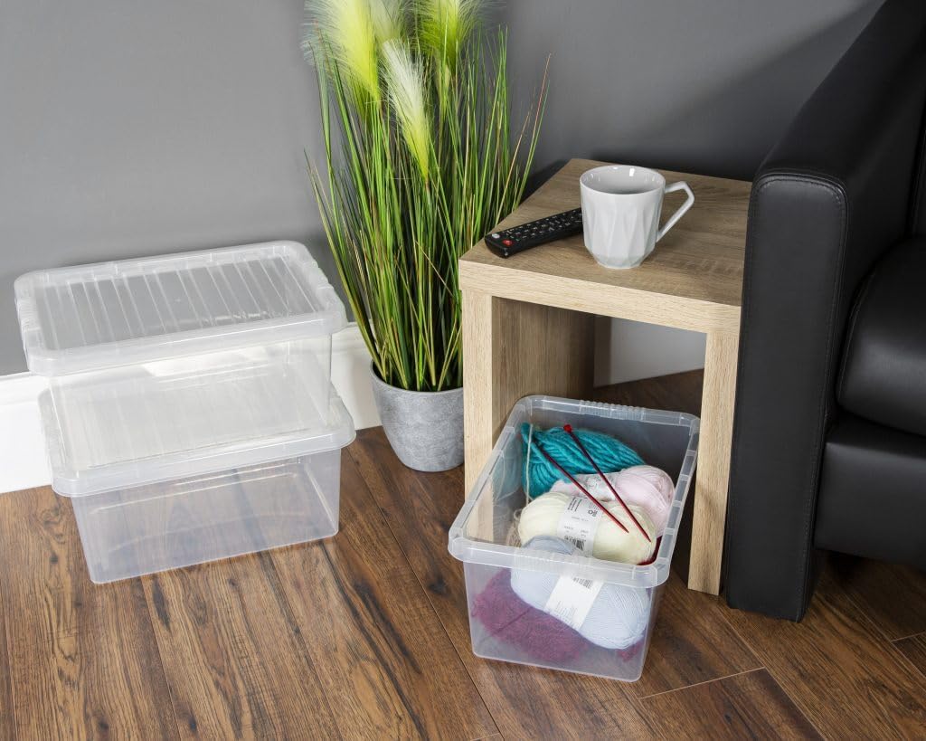 Checkmart PACK OF 2 Large Storage Box with Lid Strong Plastic Stackable Nestable Container Home Office Clear (11 Litre)