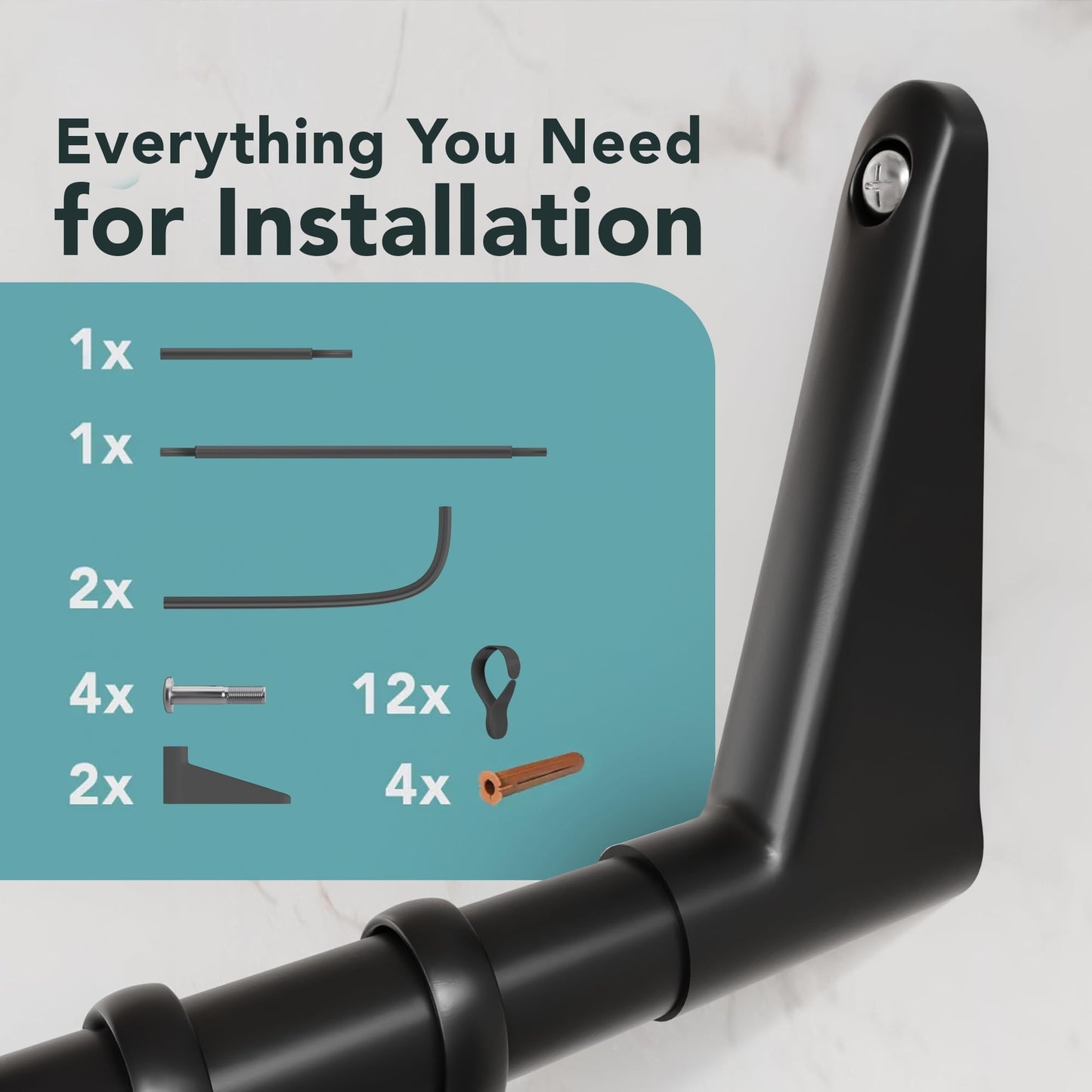 Erica U-Shaped Shower Curtain Rail, Black Powder Coated Steel, Wall Mounted, 70x165x70 cm