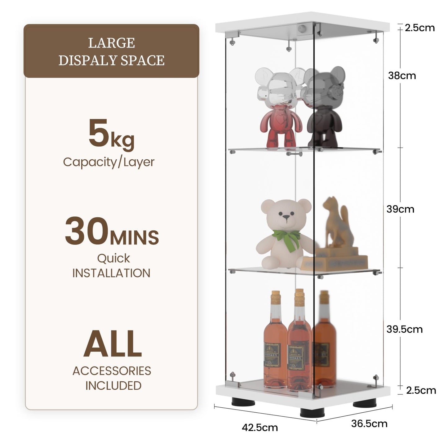 Beauty4U 3-Shelf Single Door Glass Display Cabinet, 125cm Tall, White