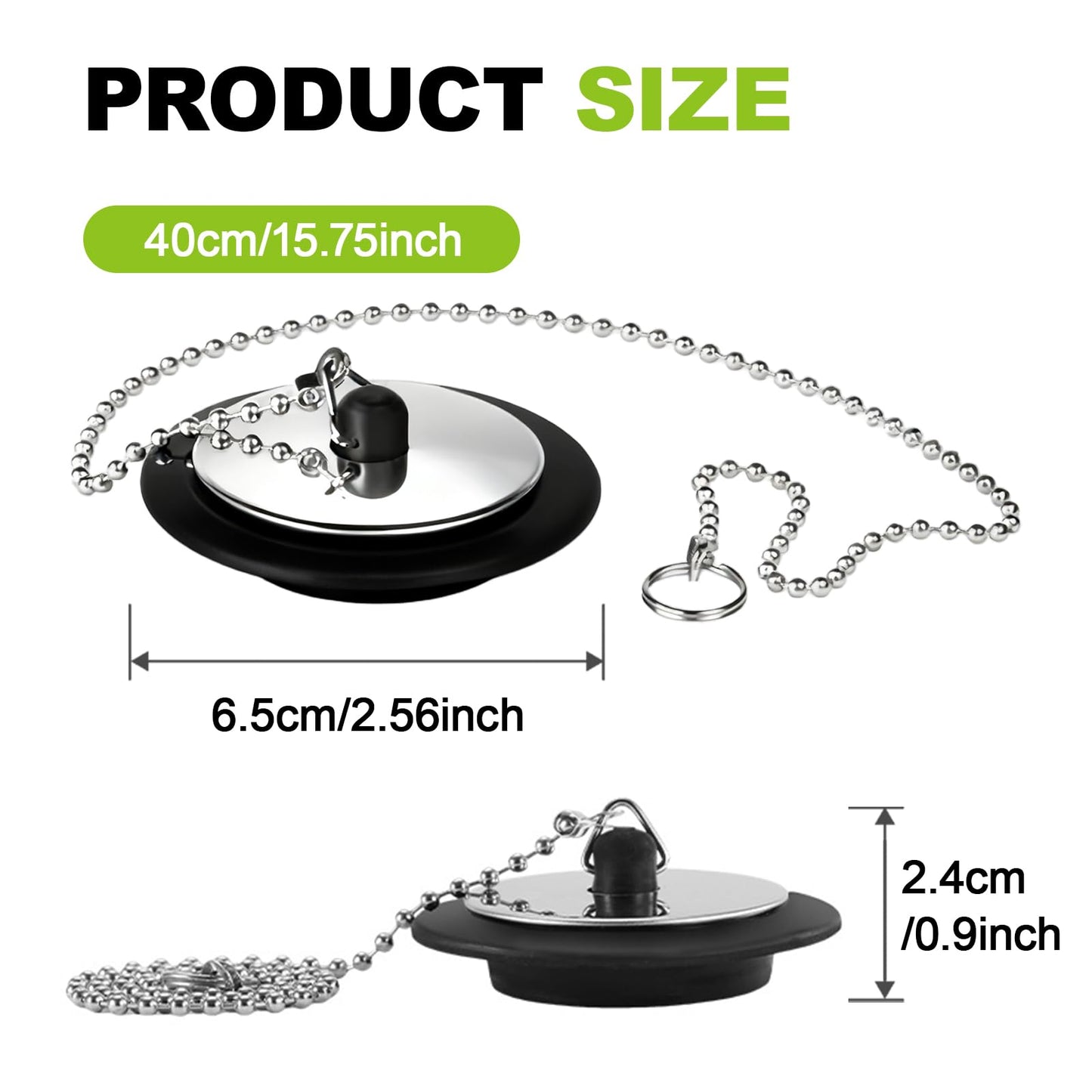 2 Pcs Universal bath plug with Stainless Steel Chain,bath plug and chain,bath plug replacement,43 mm to 45 mm Drain Stoppers Black Rubber for
